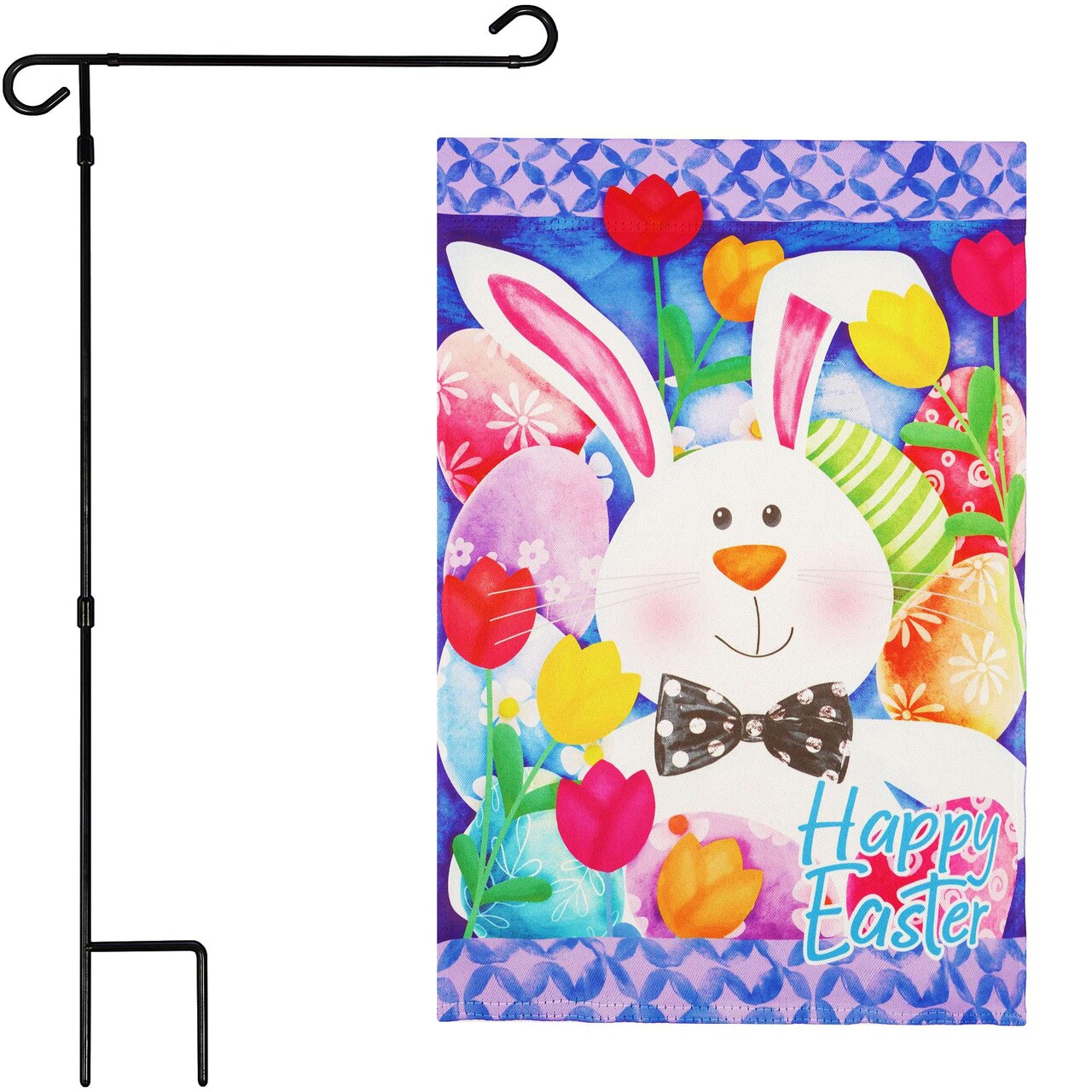 G128 Combo Pack Garden Flag Stand Black 36x16IN & Garden Flag Happy Easter Bunny Tulips Printed 12x18IN Double Sided Yard Garden Lawn Decoration